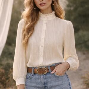 Vintage 80s Ivory Cottagecore Blouse Pearl Buttons Gold Stripe Boho Top M